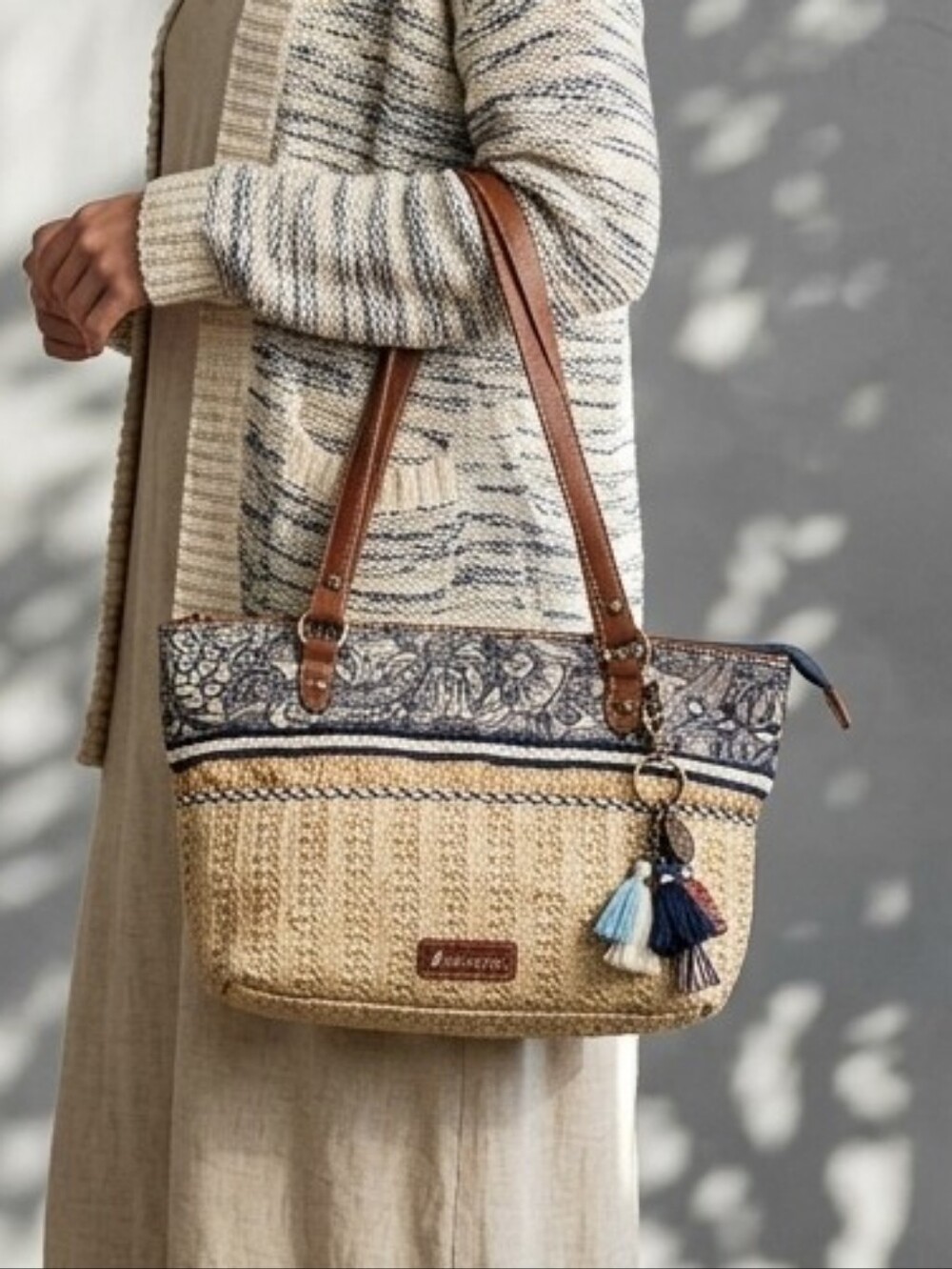 Sakroots Boho Floral Straw Crochet Tote Shoulder Bag Blue Cream Owl Charm